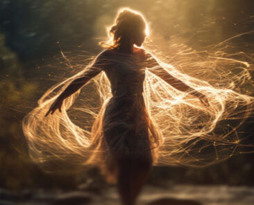 Ethereal woman dancing in nature with light trails. Generative A