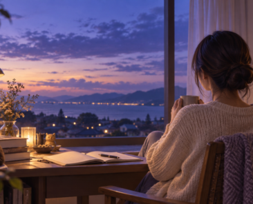 夕暮れの部屋で窓の外を見ながら、自分の時間に戻る女性