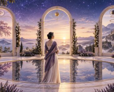 夜明けの三つのアーチと円形の水鏡の前に立つ女性