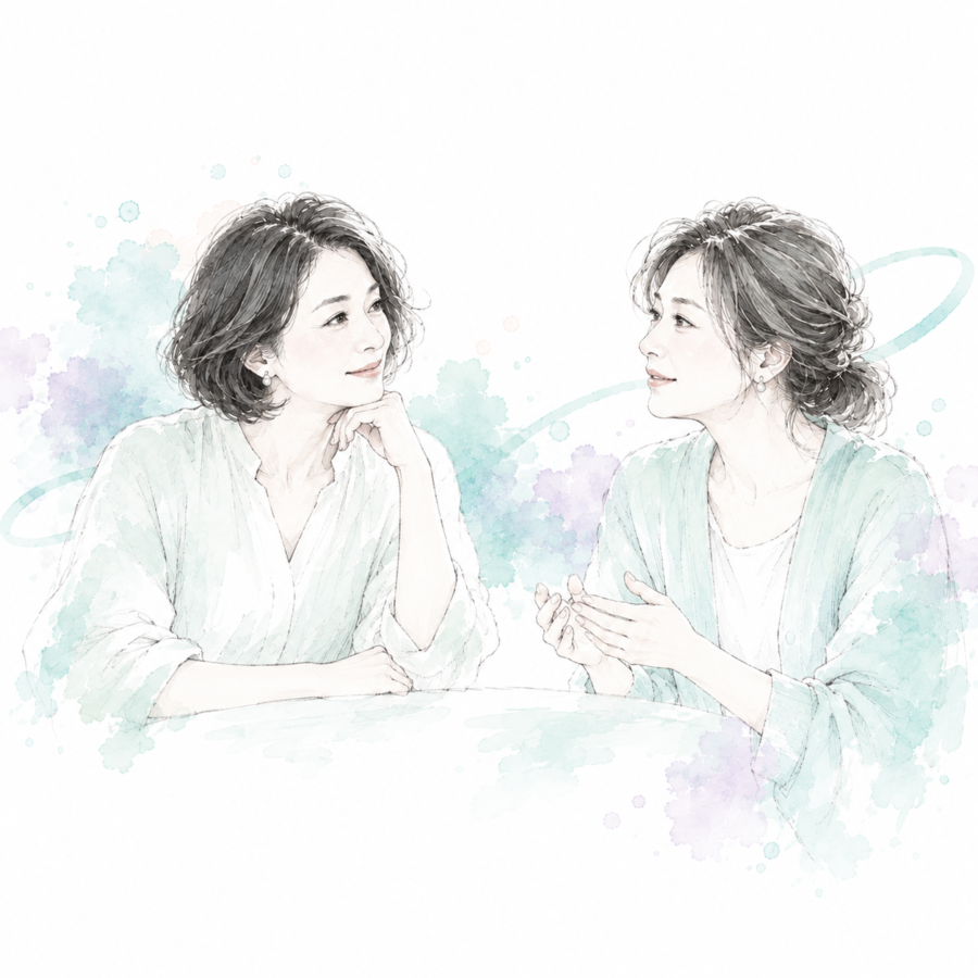 細い鉛筆線と淡いミント色で描いた、向き合って対話する二人の女性