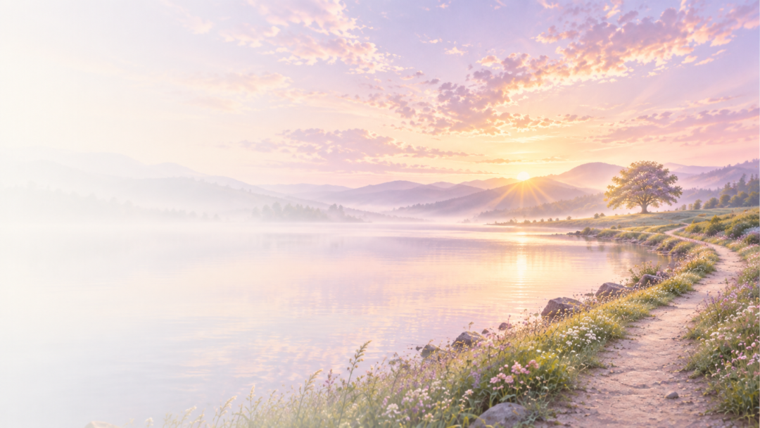湖畔の道の先に、朝の光を受ける生命の木が立つ風景