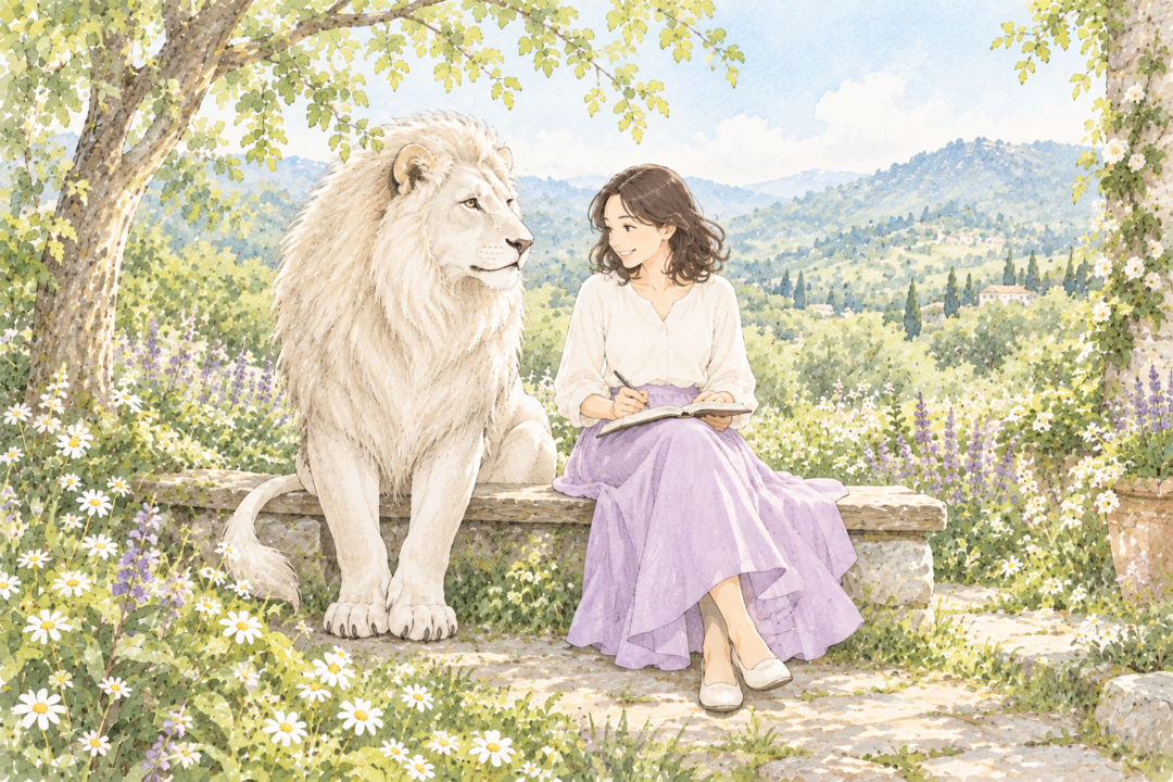 白いライオンとノートを広げた女性が穏やかに向き合う水彩画