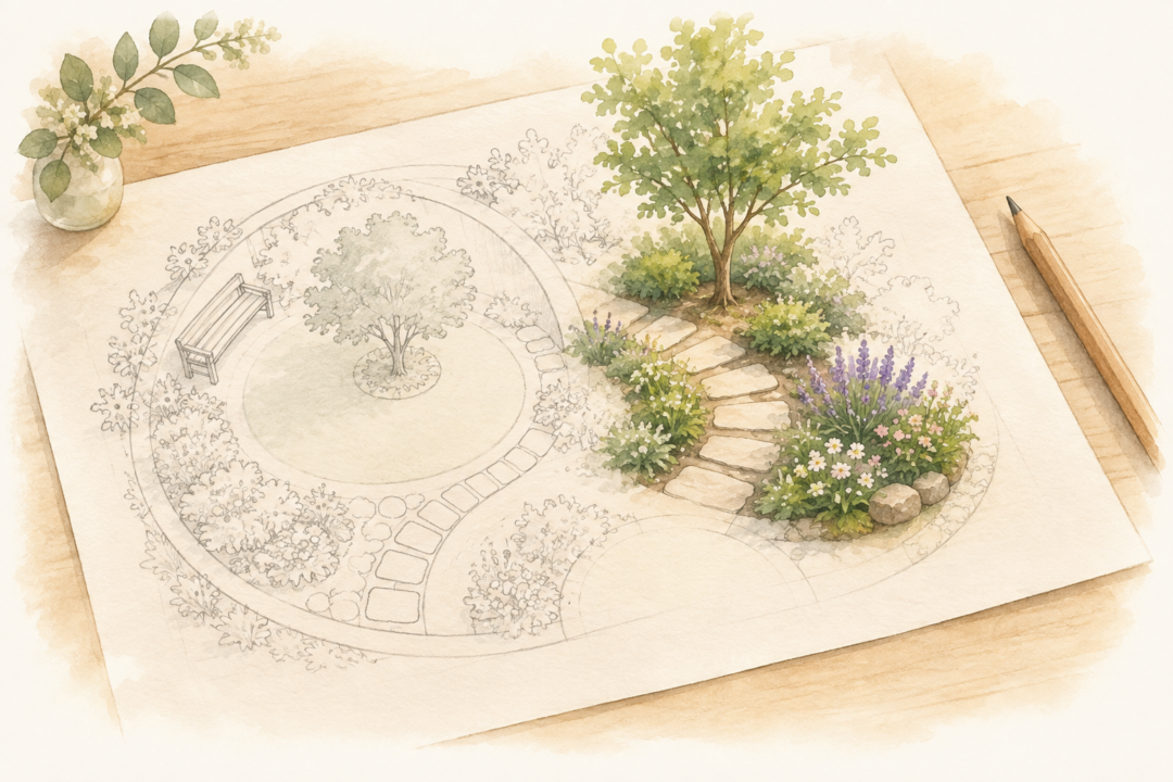 庭の設計図から、道や木、花壇が少しずつ形になる水彩画