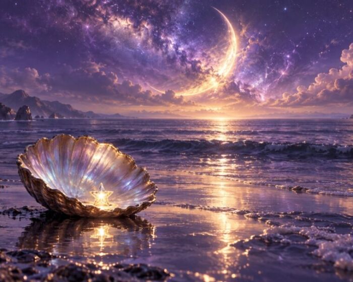 紫の星空と海辺で、貝殻の中に小さな星が輝く幻想的な風景