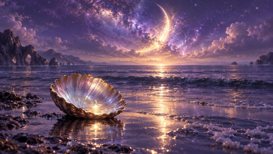 紫の星空と海辺で、貝殻の中に小さな星が輝く幻想的な風景