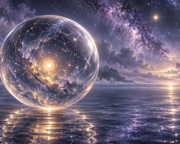 紫の海に浮かぶ透明な球体と、その内側で輝く光