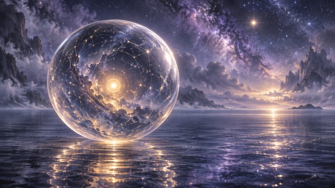 紫の海に浮かぶ透明な球体と、その内側で輝く光