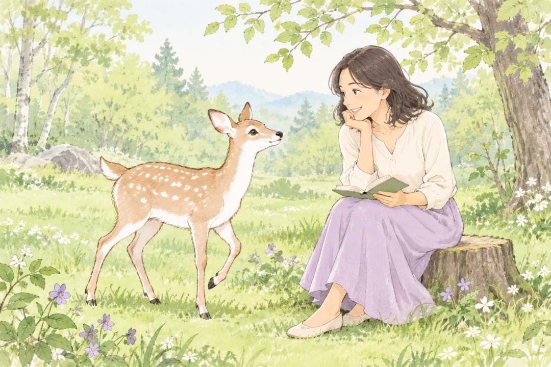 木漏れ日の森で、ノートを開いた女性と子鹿が楽しそうに向き合うイラスト