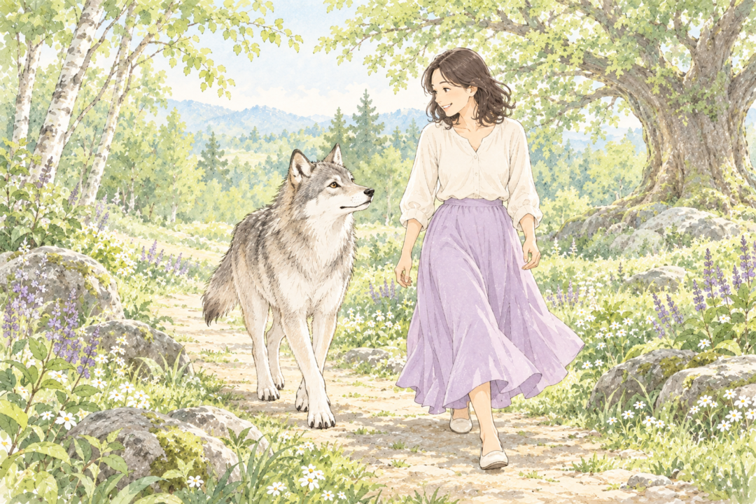 木漏れ日の森の道を、女性と灰色の狼が並んで歩く水彩イラスト