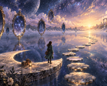 星座を映す浮遊する鏡の湖で、自分の道へ踏み出す女性の幻想画