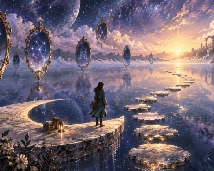 星座を映す浮遊する鏡の湖で、自分の道へ踏み出す女性の幻想画