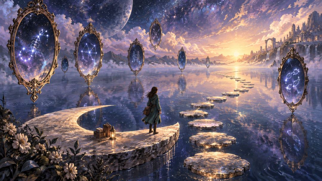 星座を映す浮遊する鏡の湖で、自分の道へ踏み出す女性の幻想画
