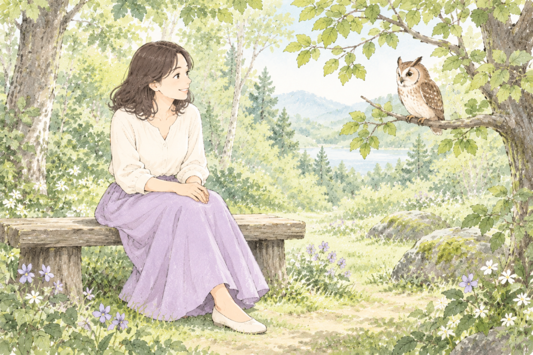 木漏れ日の森で、女性と枝にとまるフクロウが穏やかに向き合う水彩イラスト